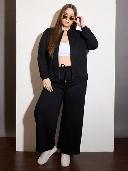 Black Fleece Front Zipper Jacket With Sweatpants -SASSAFRAS Curve