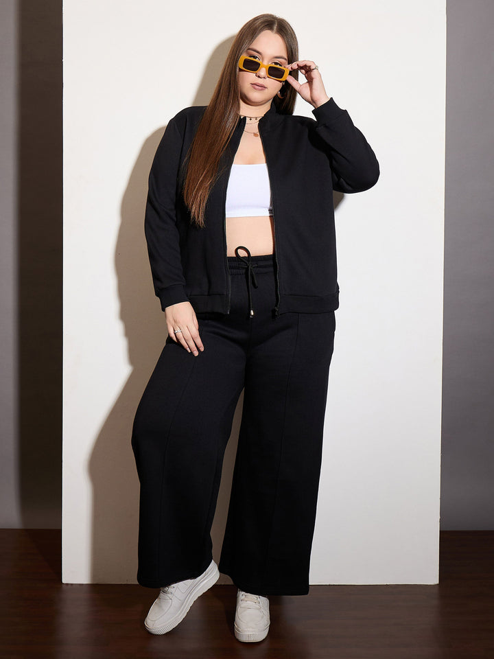 Black Fleece Front Zipper Jacket With Sweatpants -SASSAFRAS Curve