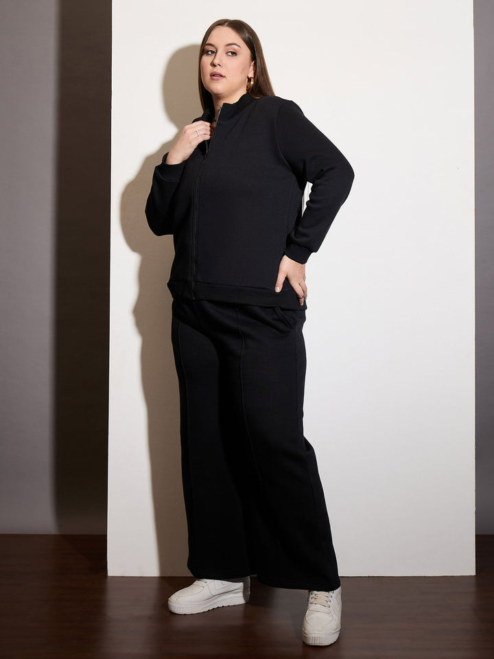 Black Fleece Front Zipper Jacket With Sweatpants -SASSAFRAS Curve