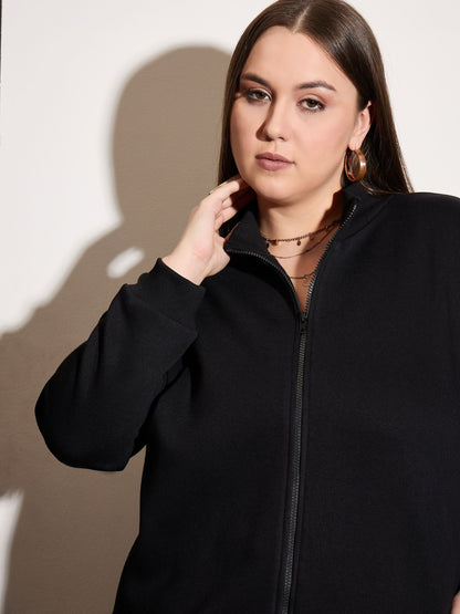 Black Fleece Front Zipper Jacket With Sweatpants -SASSAFRAS Curve