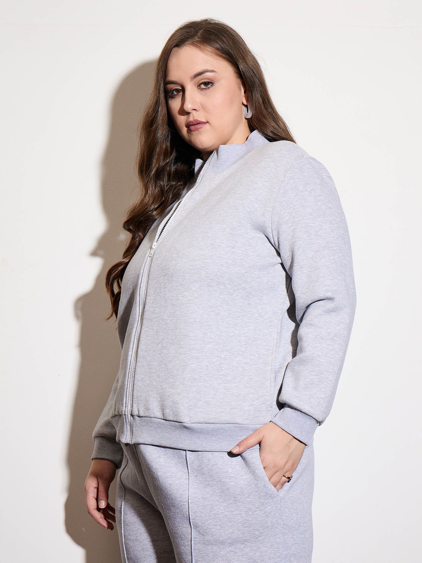 Grey Melange Front Open Zipper Jacket