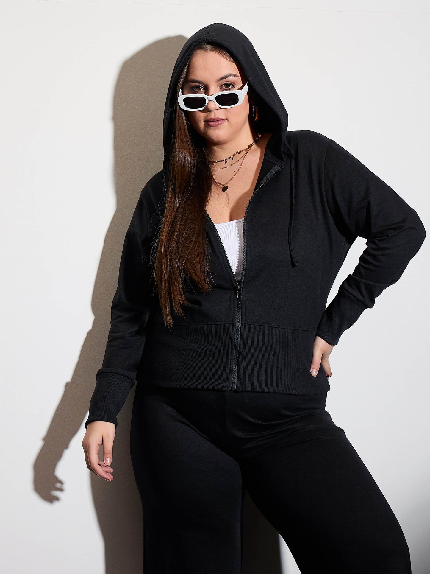 Plus size women's Black Polycotton Black Terry Zipper Hoodie Jacket by Sassafras Curve for wholesale buyers, boutiques, resellers and bulk orders