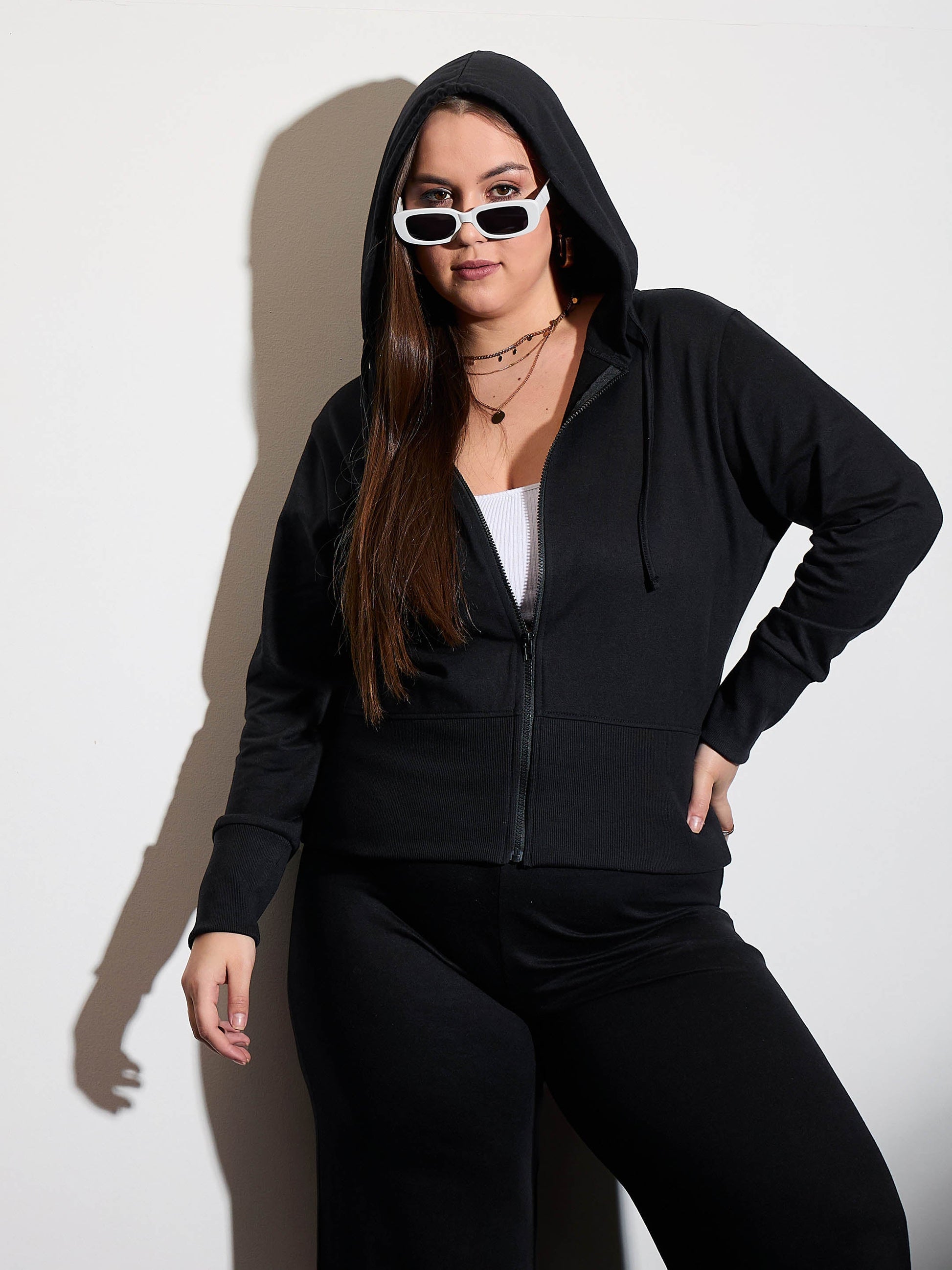 Plus size women's Black Polycotton Black Terry Zipper Hoodie Jacket by Sassafras Curve for wholesale buyers, boutiques, resellers and bulk orders