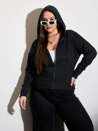 Plus size women's Black Polycotton Black Terry Zipper Hoodie Jacket by Sassafras Curve for wholesale buyers, boutiques, resellers and bulk orders