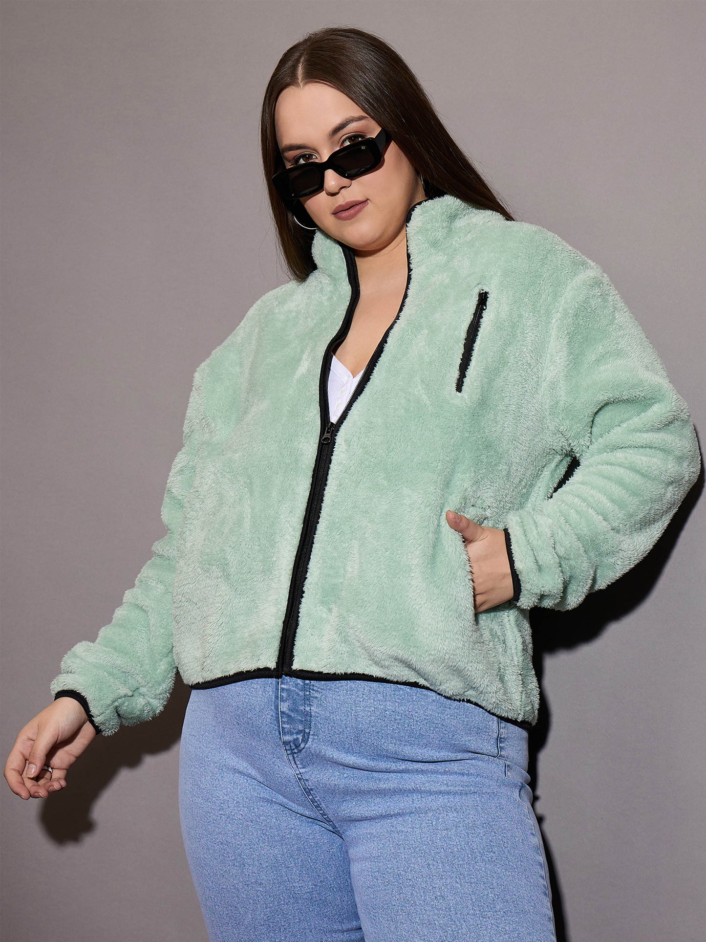 Green Faux Fur Contrast Piping Zipper Jacket
