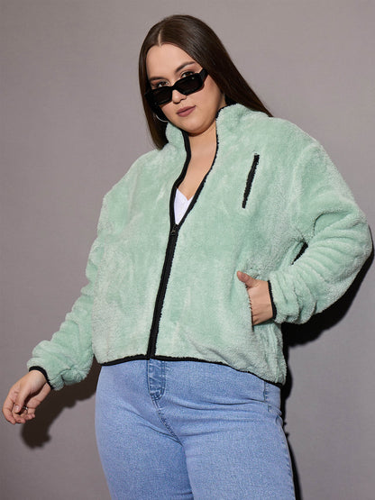 Green Faux Fur Contrast Piping Zipper Jacket