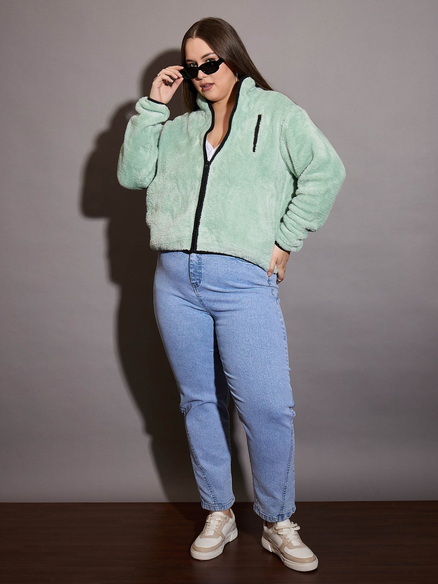 Green Faux Fur Contrast Piping Zipper Jacket
