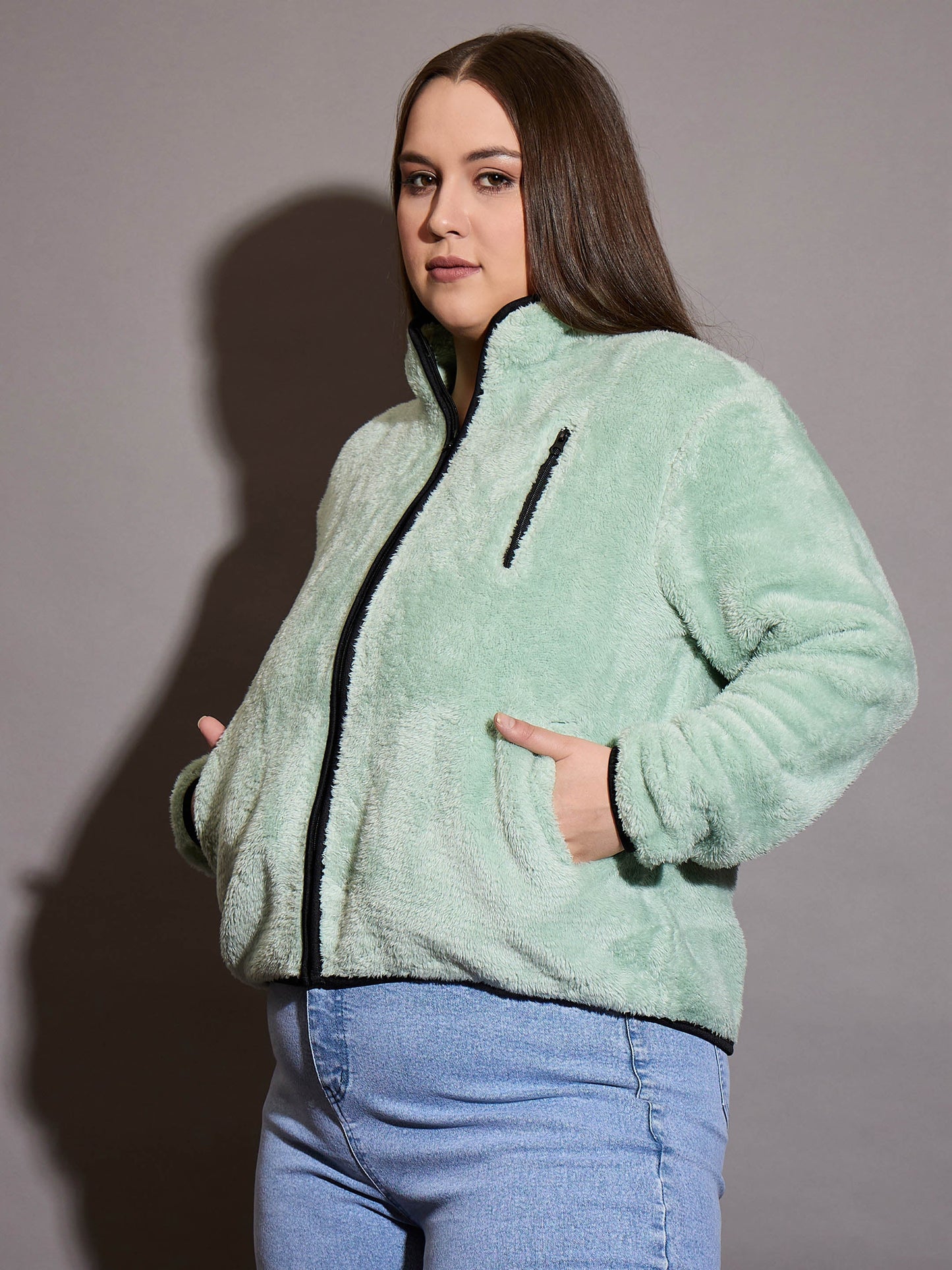Green Faux Fur Contrast Piping Zipper Jacket