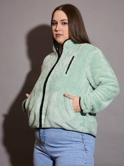 Green Faux Fur Contrast Piping Zipper Jacket