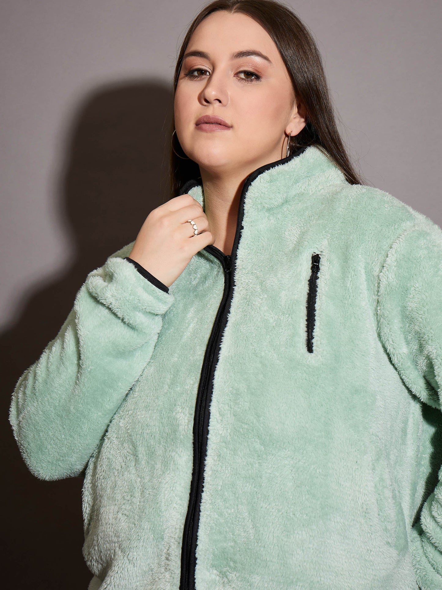 Green Faux Fur Contrast Piping Zipper Jacket
