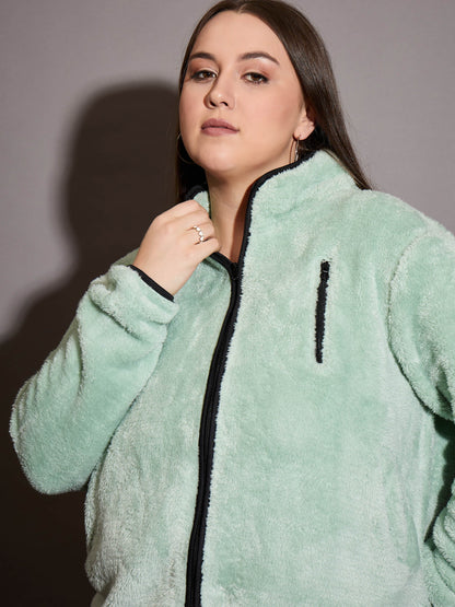 Green Faux Fur Contrast Piping Zipper Jacket