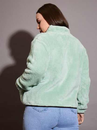 Green Faux Fur Contrast Piping Zipper Jacket