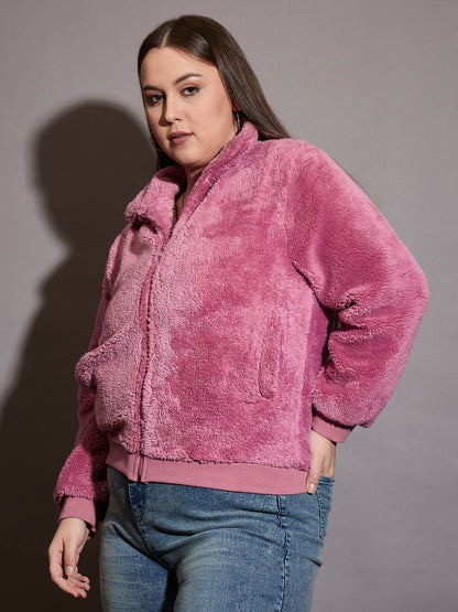Pink Faux Fur Front Zipper Jacket-SASSAFRAS Curve