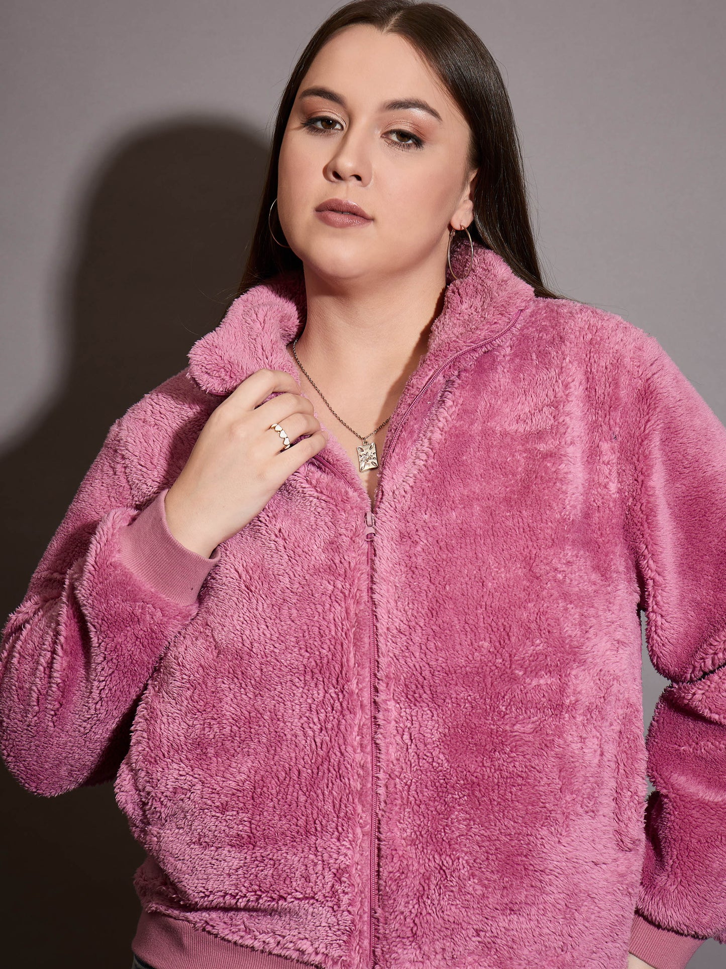 Pink Faux Fur Front Zipper Jacket-SASSAFRAS Curve