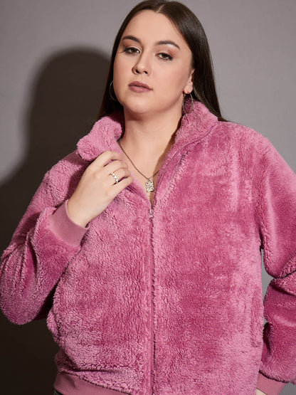 Pink Faux Fur Front Zipper Jacket-SASSAFRAS Curve
