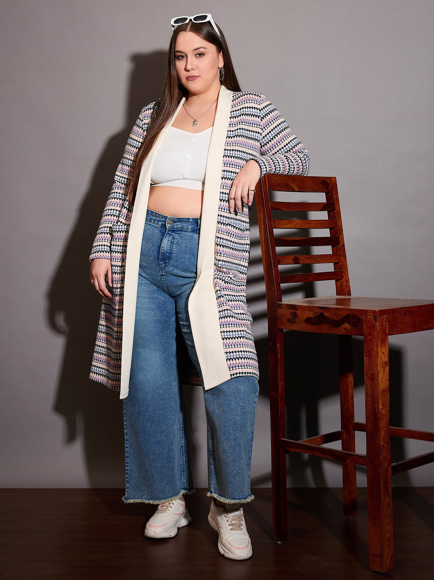 Off White Chevron Stripe Front Open Shrug
