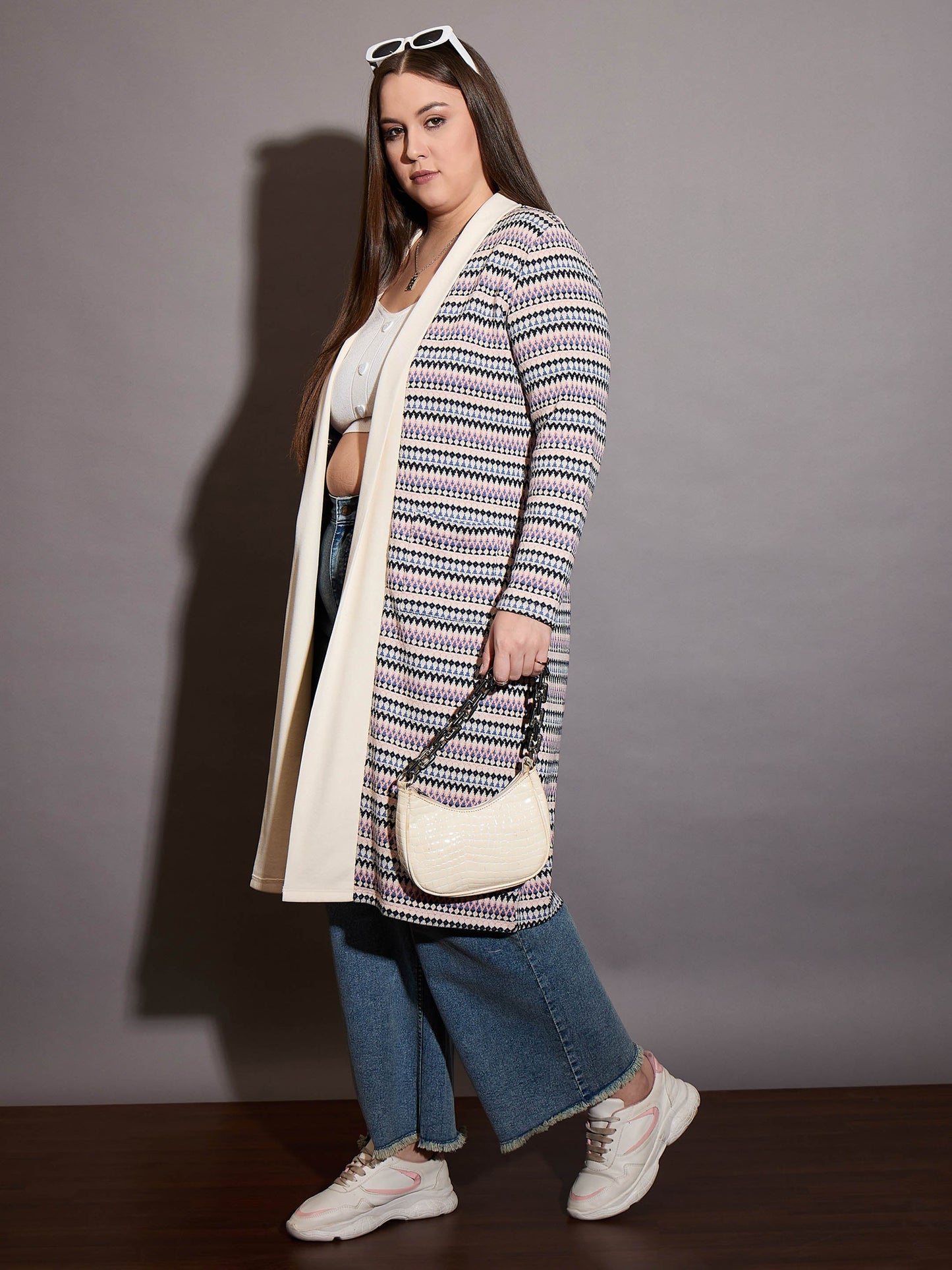 Off White Chevron Stripe Front Open Shrug