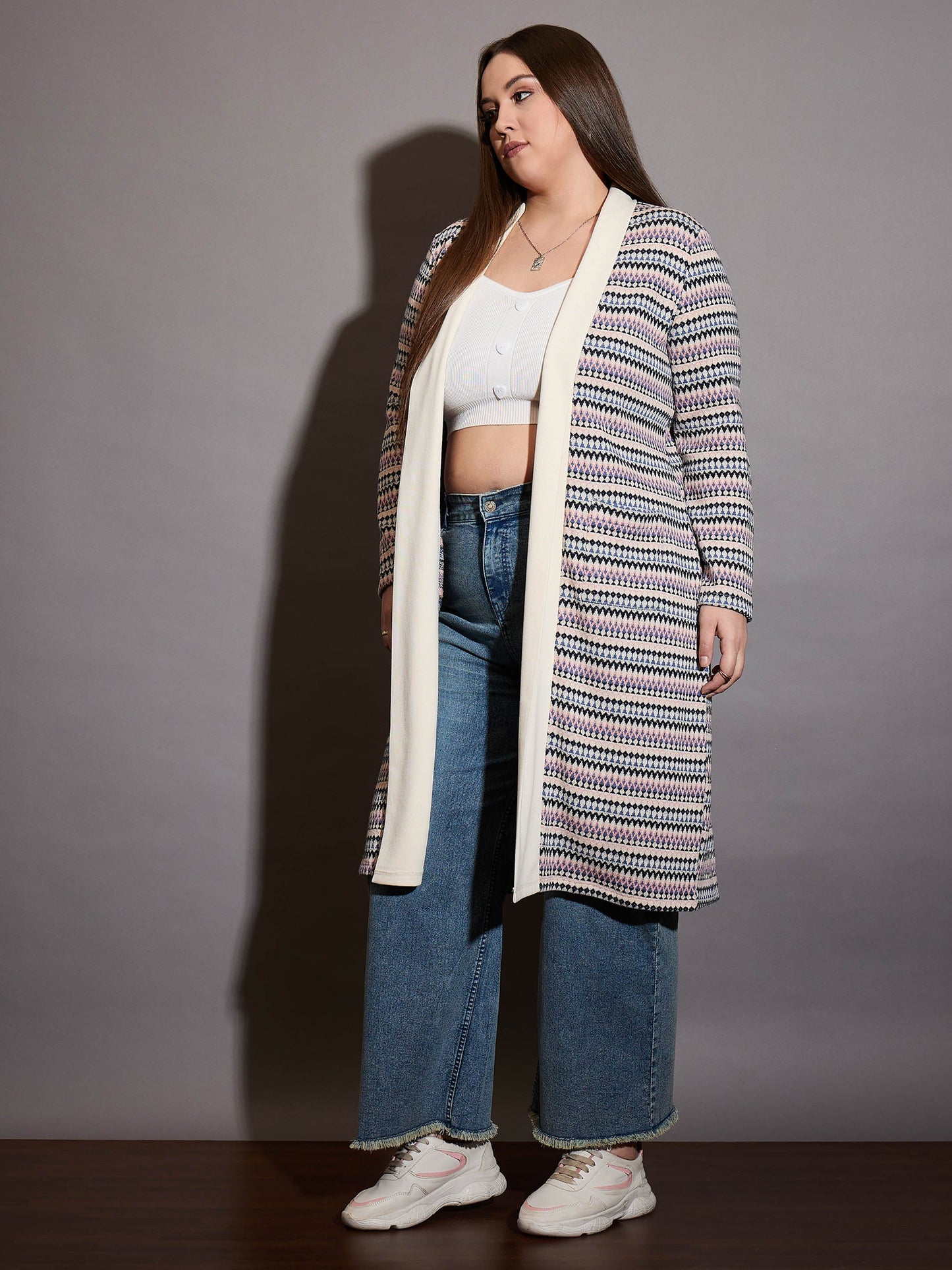 Off White Chevron Stripe Front Open Shrug
