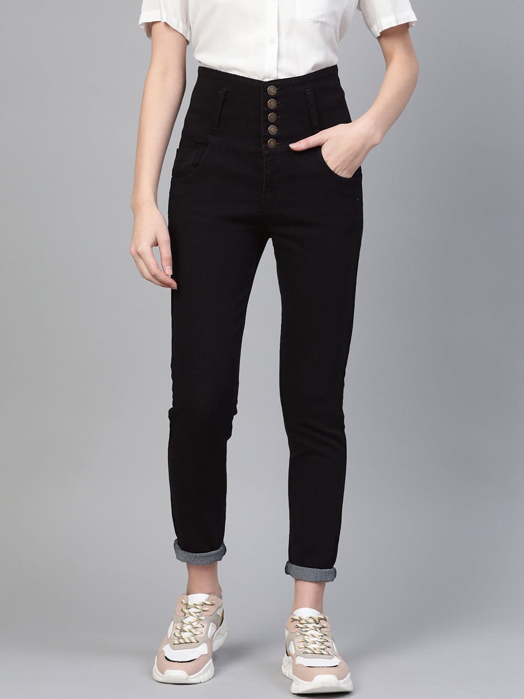 Women's Black Metal Button High Waist Jeans in Cotton by Sassafras for wholesale, bulk, supplier, manufacturer and wholesaler buyers from Trendphoria