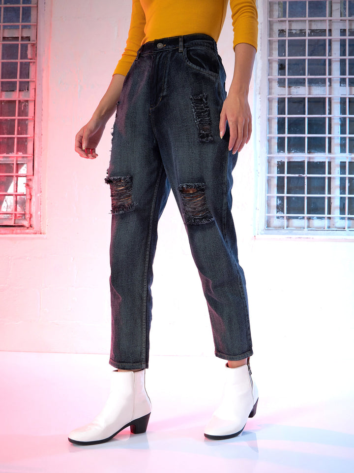 Navy Washed High Waist Distressed Knee Jeans