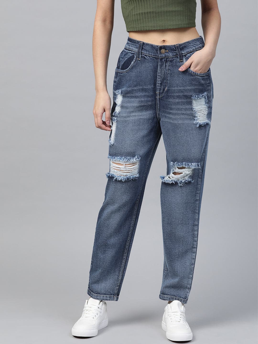 Women's Blue High Waist Distressed Knee Jeans in Cotton by Sassafras for wholesale, bulk, supplier, manufacturer and wholesaler buyers from Trendphoria