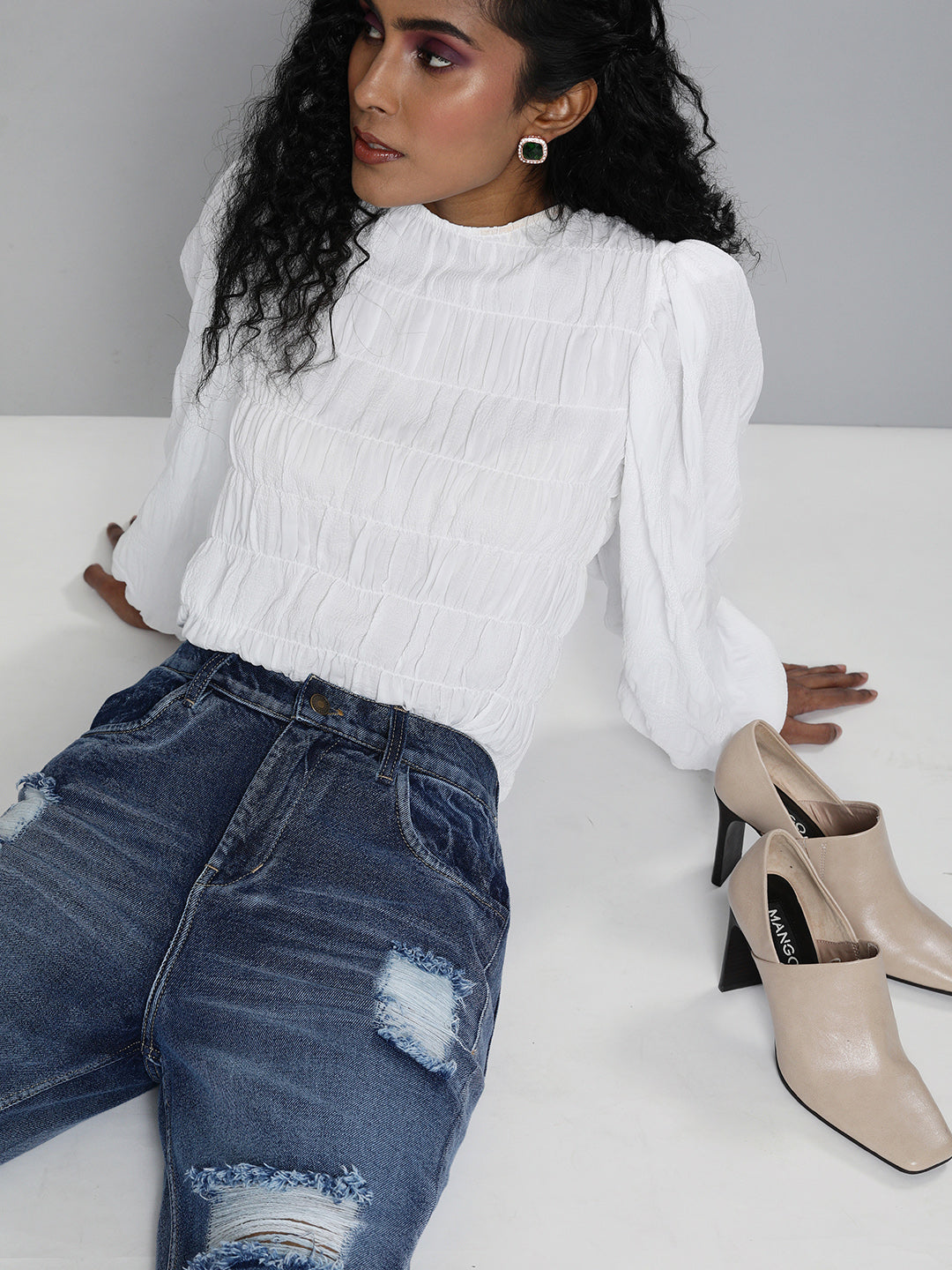 Women's Women Blue High Waist Distressed Knee Jeans in Cotton by Sassafras for wholesale, bulk, supplier, manufacturer and wholesaler buyers from Trendphoria