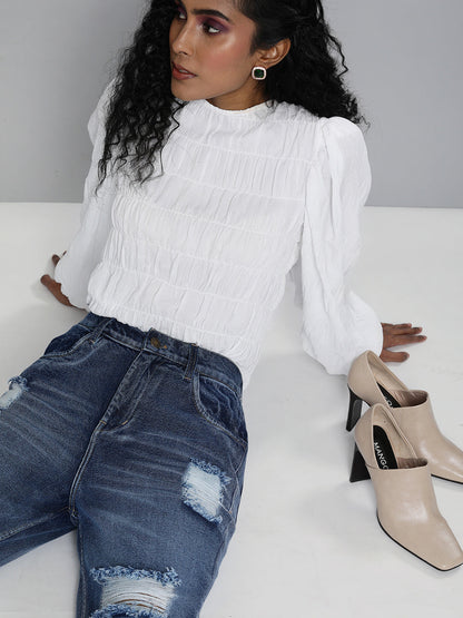 Women's Women Blue High Waist Distressed Knee Jeans in Cotton by Sassafras for wholesale, bulk, supplier, manufacturer and wholesaler buyers from Trendphoria