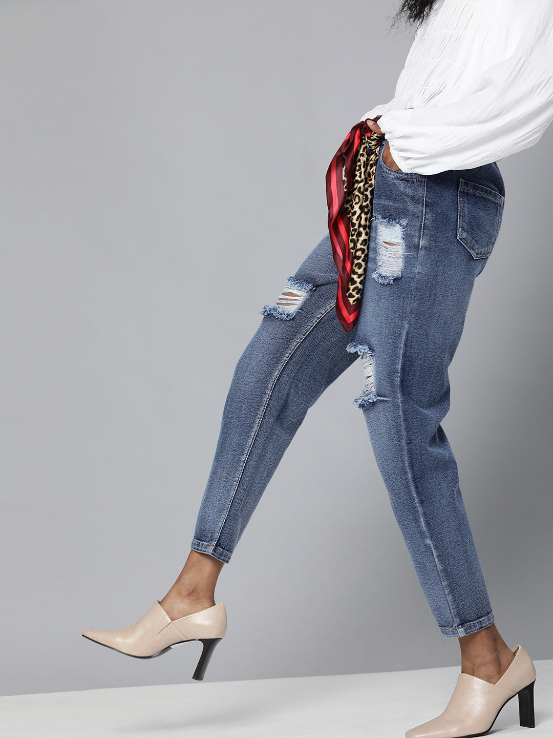 Women Blue High Waist Distressed Knee Jeans