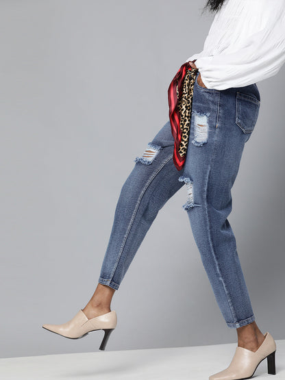 Women Blue High Waist Distressed Knee Jeans