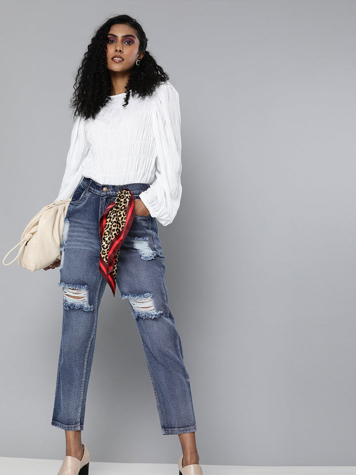 Women Blue High Waist Distressed Knee Jeans