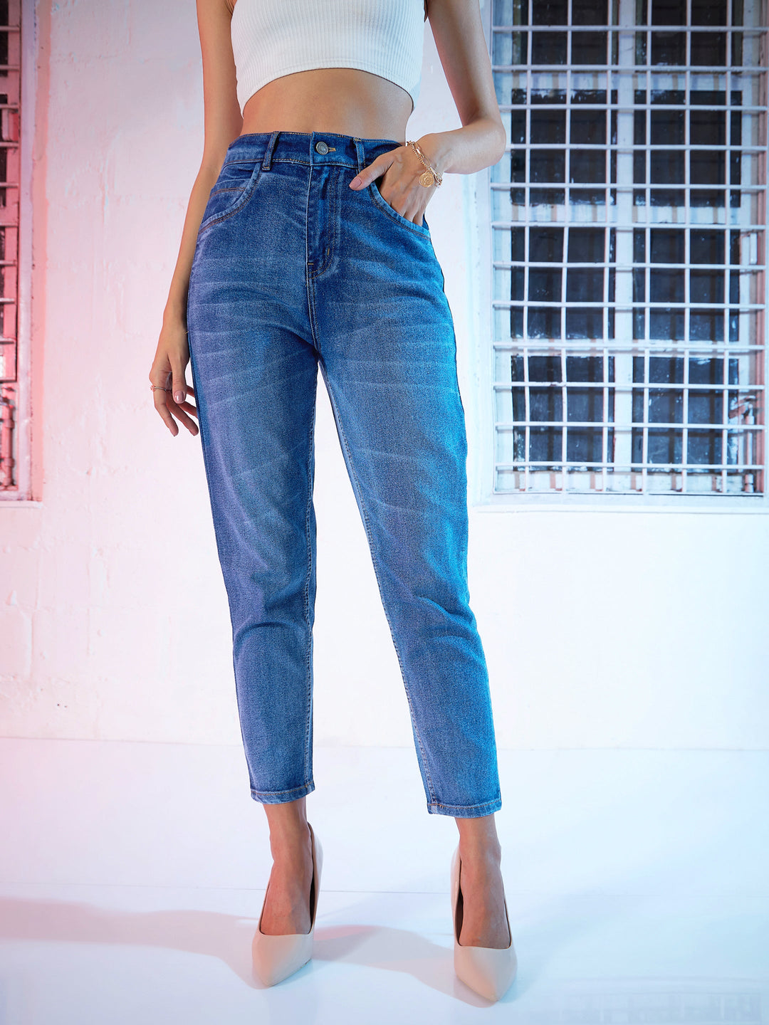 Women's Blue High Waist Basic Jeans in Cotton by Sassafras for wholesale, bulk, supplier, manufacturer and wholesaler buyers from Trendphoria