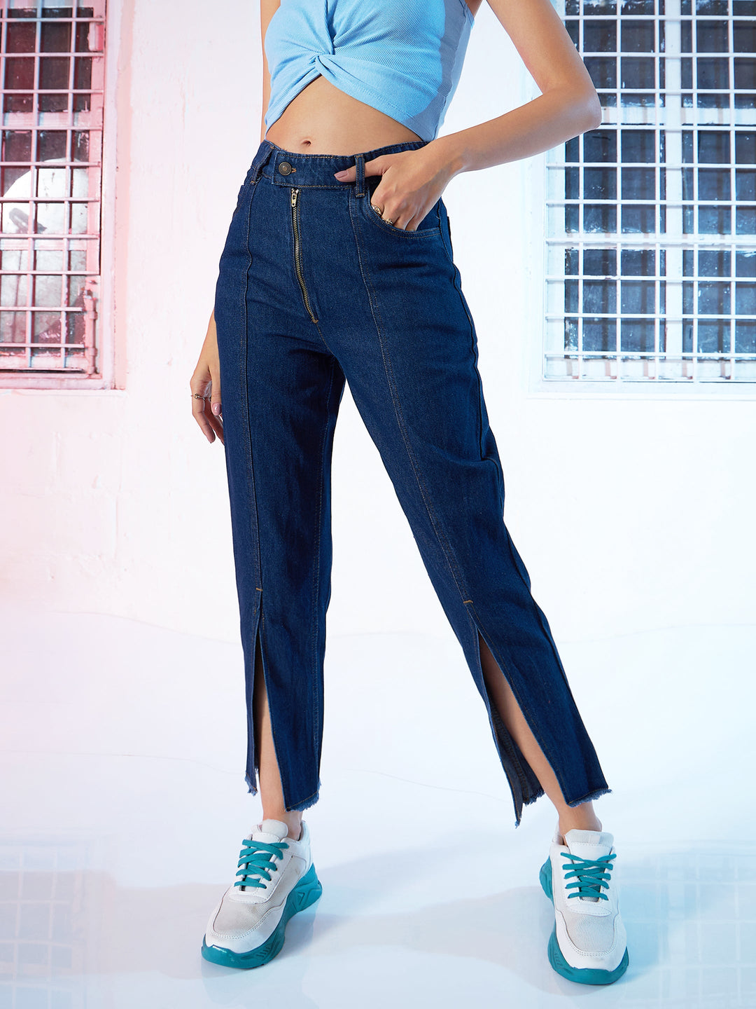 Women's Navy Zipper Fly Mom Jeans in Cotton by Sassafras for wholesale, bulk, supplier, manufacturer and wholesaler buyers from Trendphoria