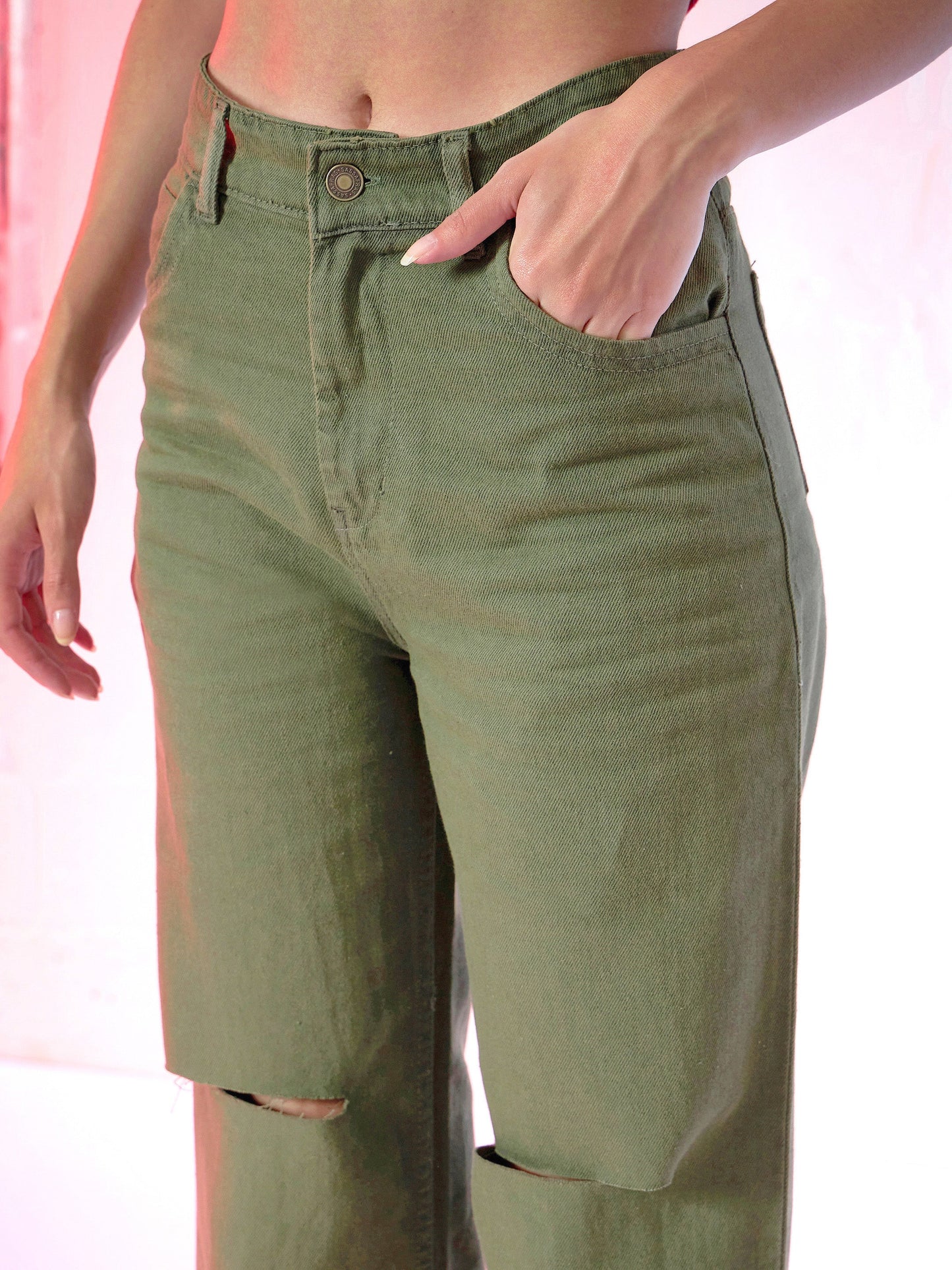 Olive Wide Leg Mid Rise Knee-Slit Jeans