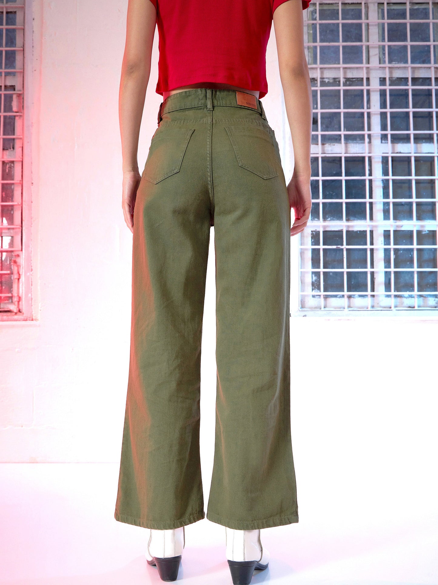 Olive Wide Leg Mid Rise Knee-Slit Jeans