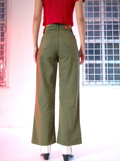 Olive Wide Leg Mid Rise Knee-Slit Jeans