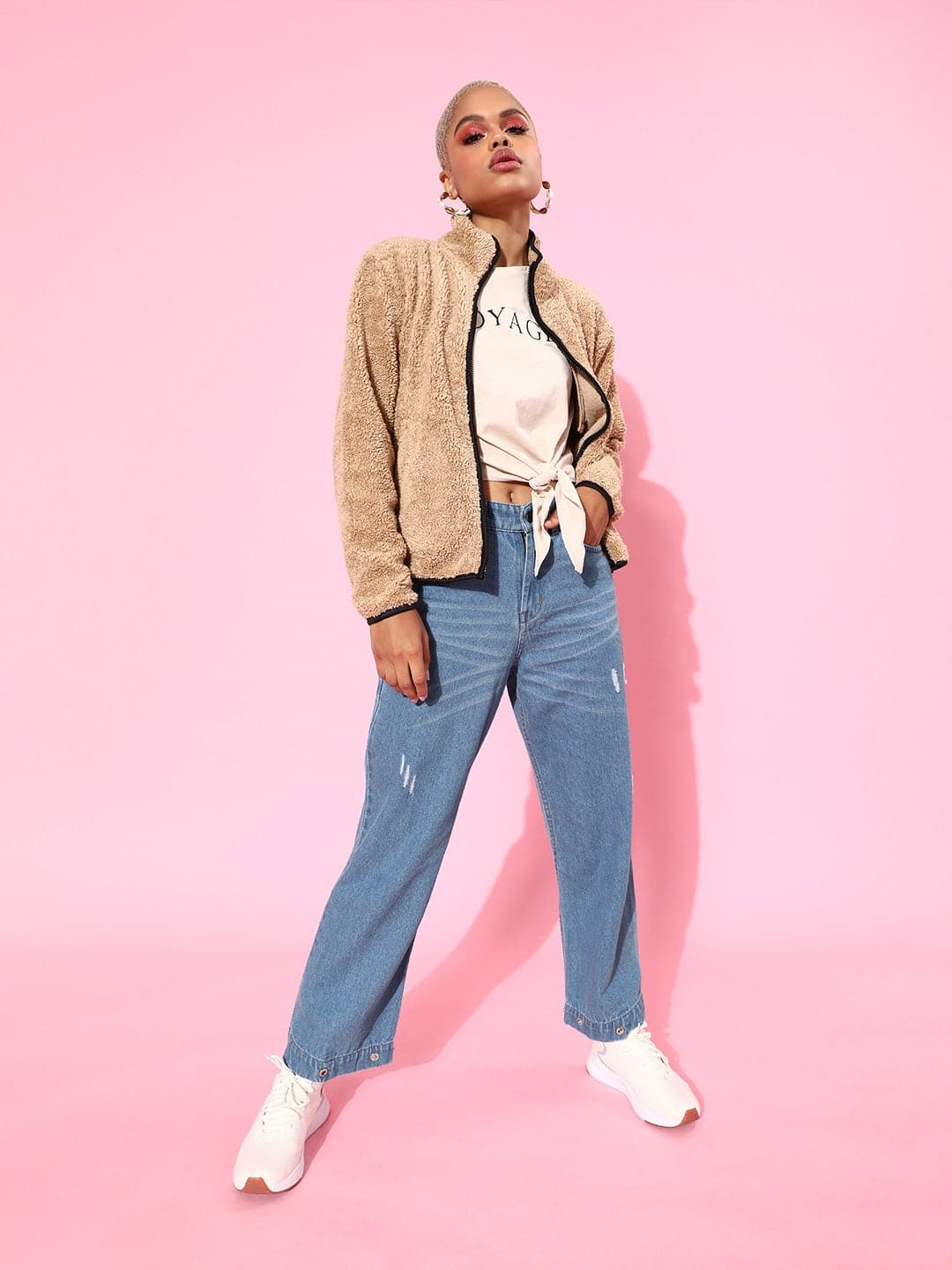 Women's Blue Button-Hem Slouchy Jeans in Cotton by Sassafras for wholesale, bulk, supplier, manufacturer and wholesaler buyers from Trendphoria
