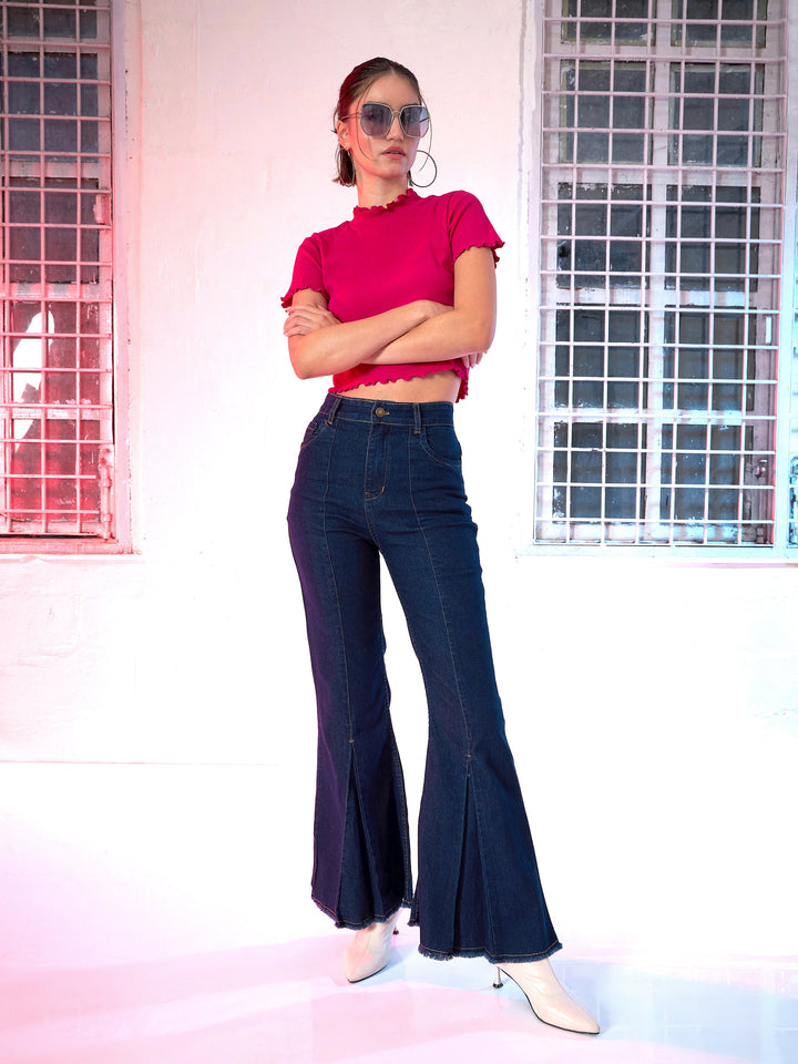 Navy Front Slit Bell Bottom Jeans