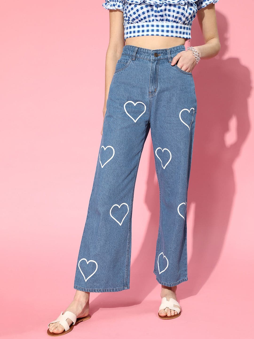 Women's Women Blue Heart Print Wide Leg Jeans in Cotton by Sassafras for wholesale, bulk, supplier, manufacturer and wholesaler buyers from Trendphoria