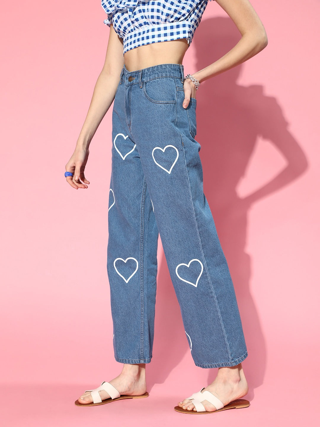 Women Blue Heart Print Wide Leg Jeans