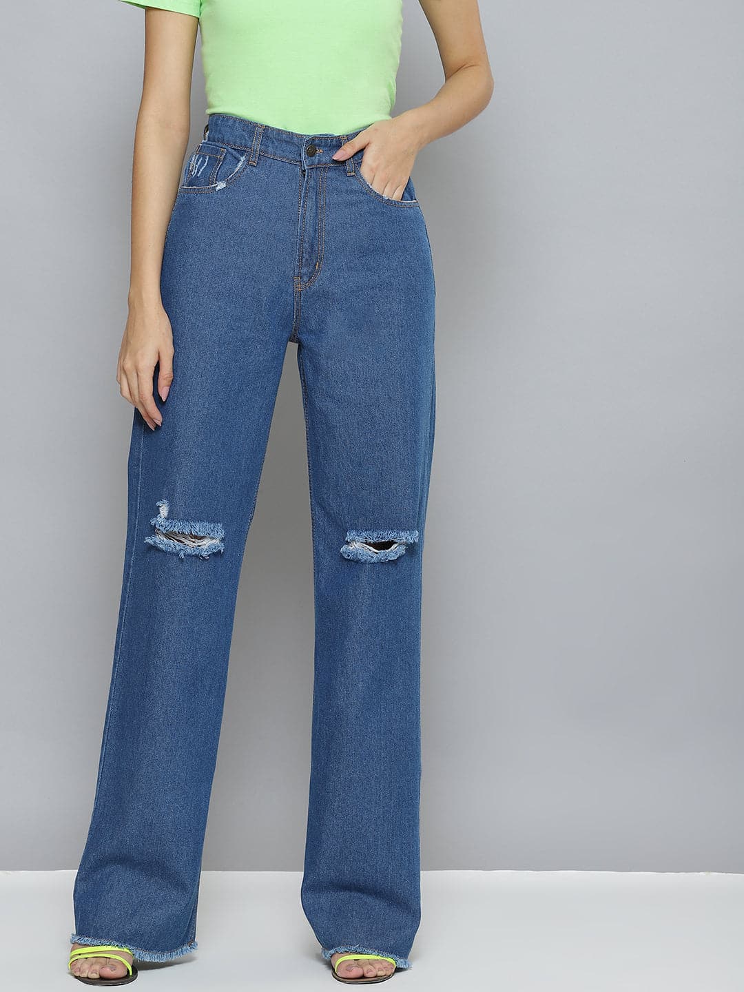 Women's Women Blue Wide Leg Distressed Slit Jeans in Cotton by Sassafras for wholesale, bulk, supplier, manufacturer and wholesaler buyers from Trendphoria
