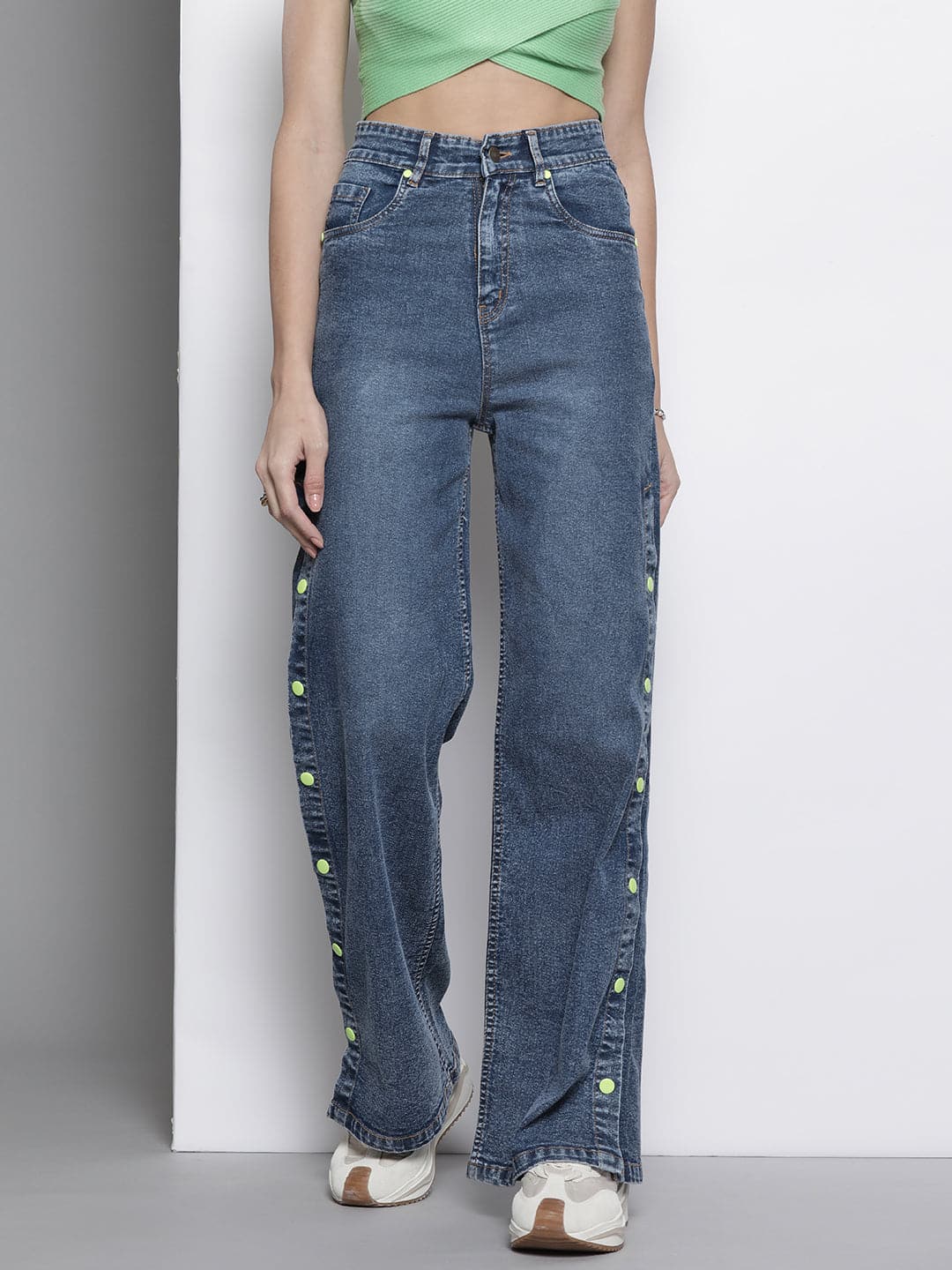 Women's Women Blue Side Button Placket Stretch Straight Jeans in Cotton by Sassafras for wholesale, bulk, supplier, manufacturer and wholesaler buyers from Trendphoria