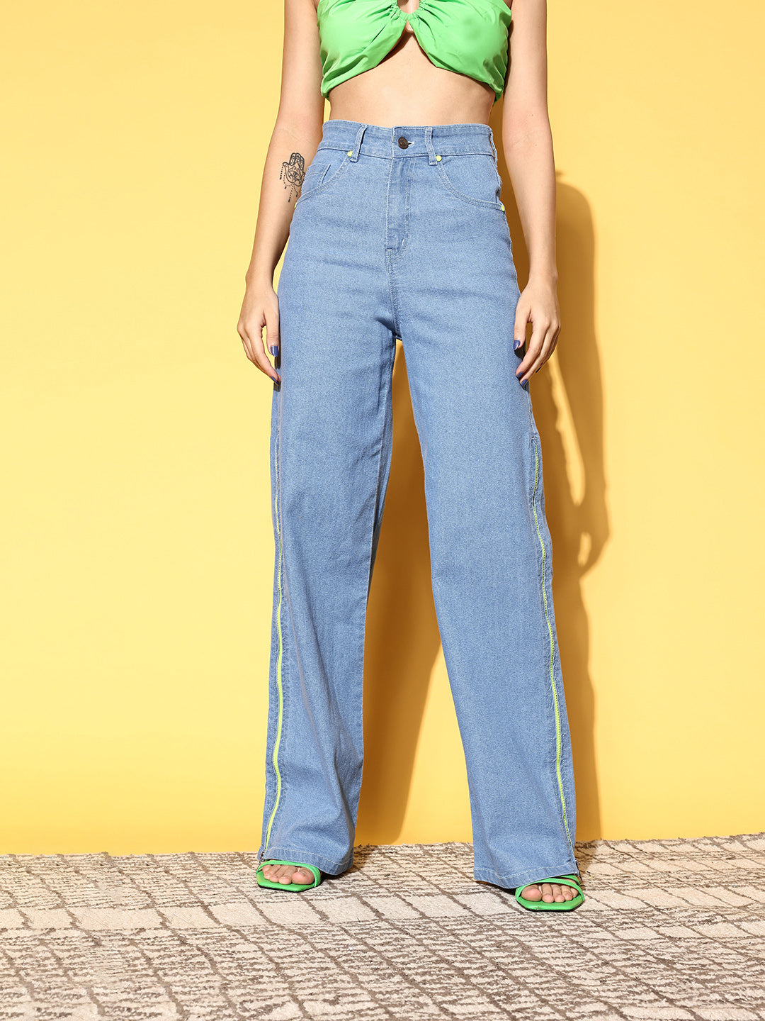 Women Ice Blue Side Zipper Stretch Straight Jeans