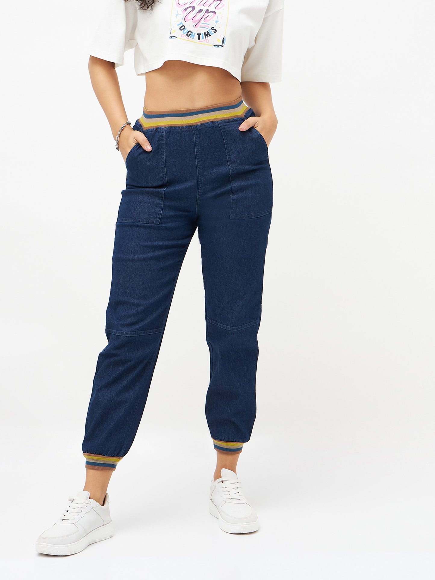 Navy Denim Striped Rib Jogger Jeans