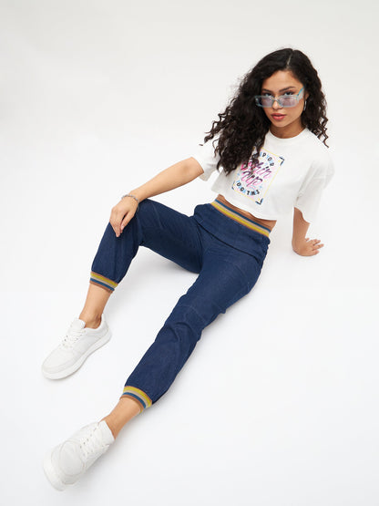 Navy Denim Striped Rib Jogger Jeans