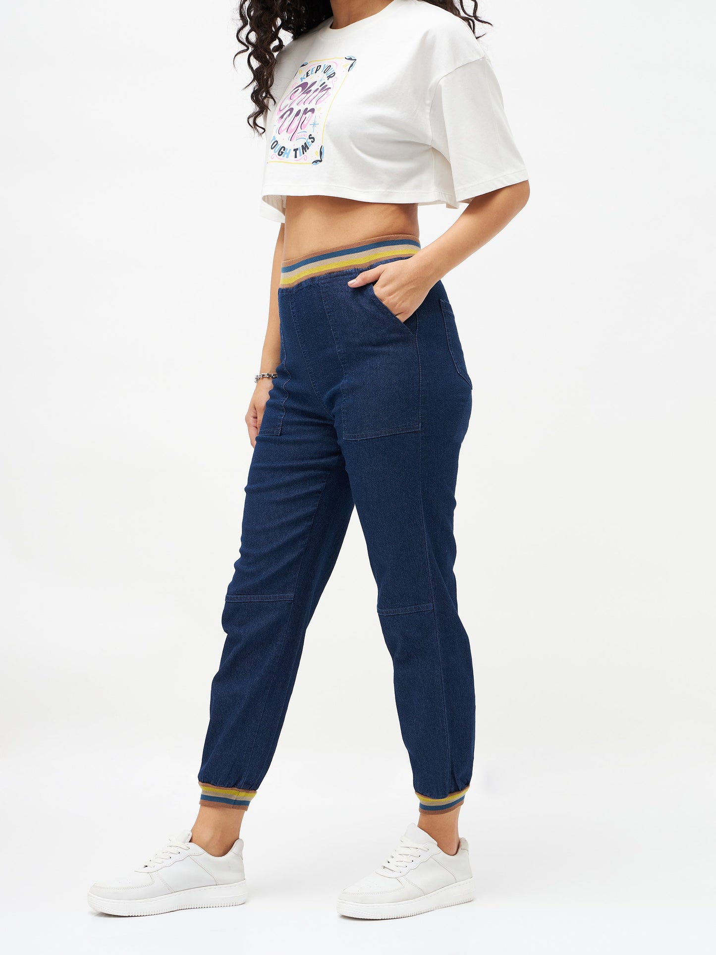 Navy Denim Striped Rib Jogger Jeans