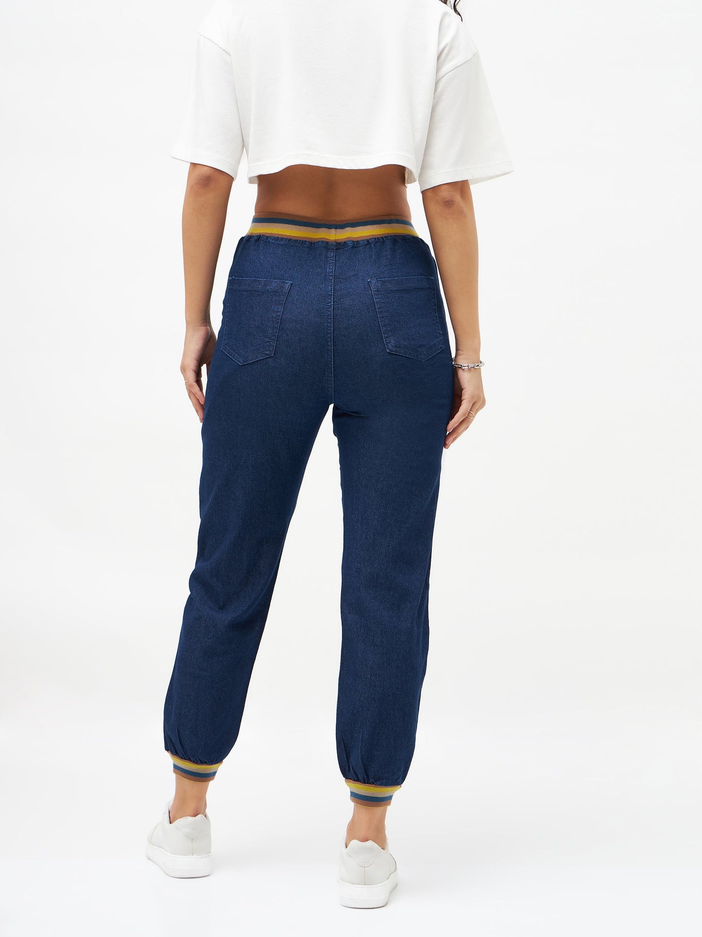 Navy Denim Striped Rib Jogger Jeans