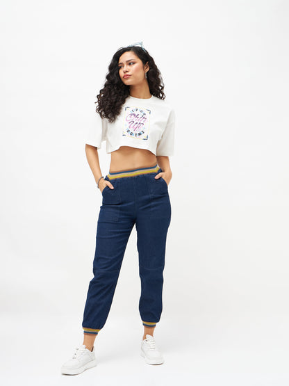 Navy Denim Striped Rib Jogger Jeans