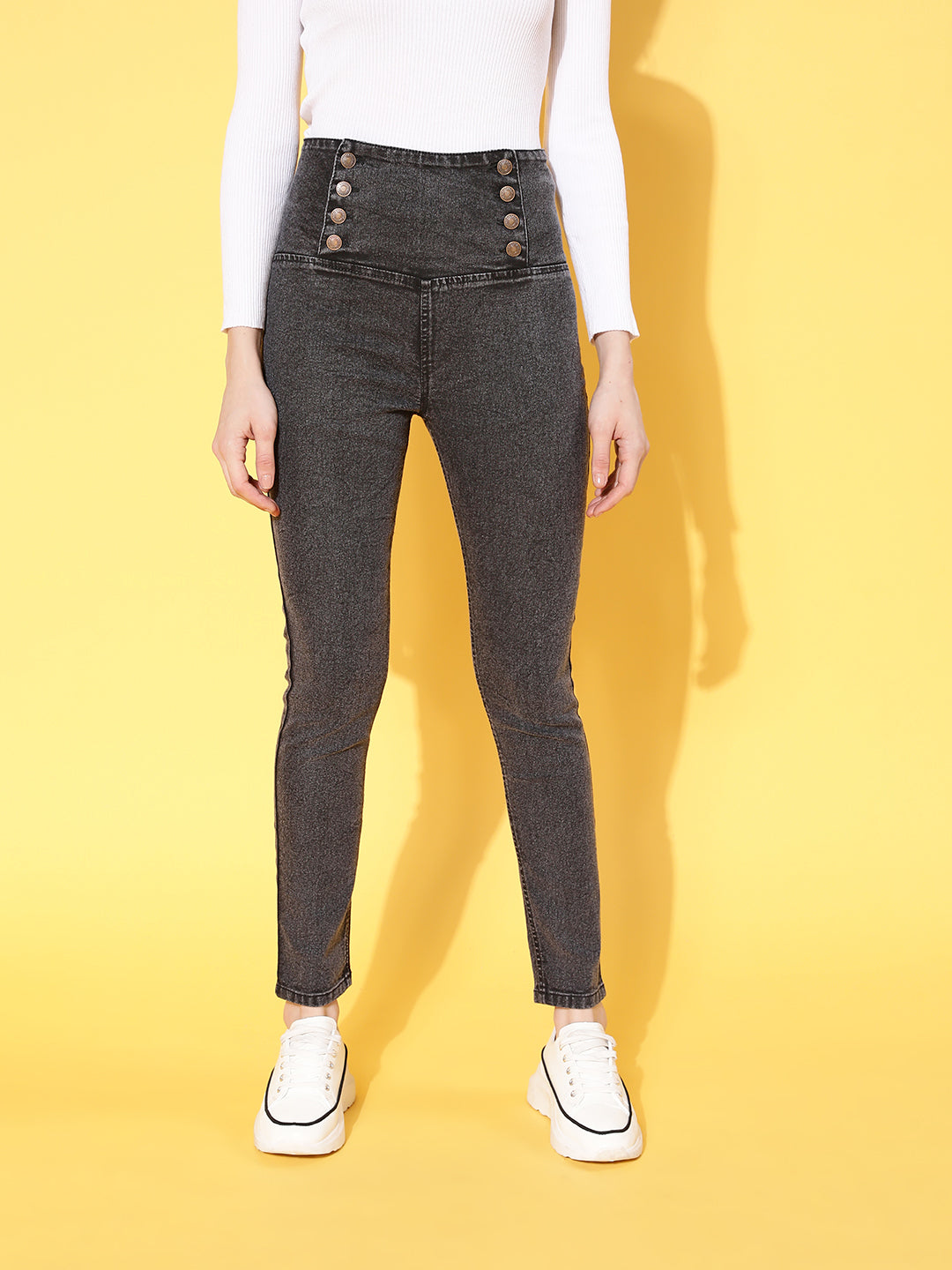 Black Washed Side Button High Waist Jeans
