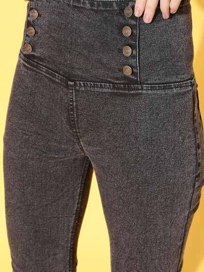 Black Washed Side Button High Waist Jeans