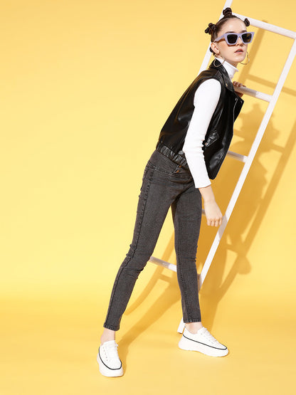 Black Washed Side Button High Waist Jeans